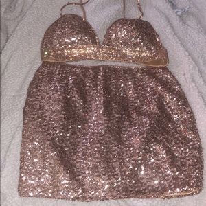 Fashion Nova rose gold sequin two piece set.